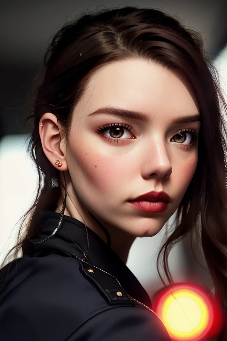 anyataylorjoy-4230, ((detailed skin, detailed face):1.2), ((detailed eyes, beautiful eyes):1.2), ((red lipstick, eyeliner, eye shadow, blush)), photo of a woman, , ((police uniform, police badge, police car)), city street, attractive, looking at viewer, ((short hair, messy hair, bangs))