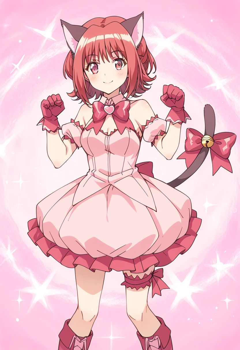 score_9, score_8_up, score_7_up, source_anime BREAK
mew ichigo, cat ears, cat tail, tail ornament, pink choker, tail bow, short hair, paw pose, solo, smile, pink eyes, pink hair, red hair, red eyes, red gloves, pink background, leg garter, 1girl, pink footwear, red bow, thigh strap, looking at viewer, knee boots, tail bell, standing, long hair, pink bow, puffy detached sleeves, garters, tail ribbon, pink dress, bowtie, bare shoulders, detached sleeves, pose, closed mouth, pink legwear, blush, bangs, pink gloves, detached collar, pink skirt, bubble skirt, hair ornament, eyebrows visible through hair, light smile, shiny, bridal garter, cat girl, medium breasts, puffy short sleeves, hands up, sparkle background, pink background,
<lora:mew_ichigo_momomiya_ichigo_sdxl_locon_pony_v1:0.7>
