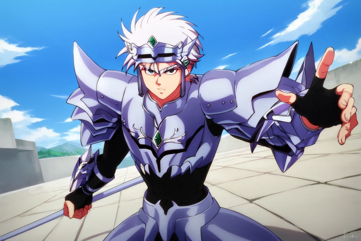 score_9,score_8_up,score_7_up,source_anime,1boy,solo,looking at viewer,Hyunckel,lavender hair, black eyes,Dark Armour Spear,armor,helmet, outdoors, holding weapon, polearm, battle_stance<lora:EMS-416500-EMS:1.000000>