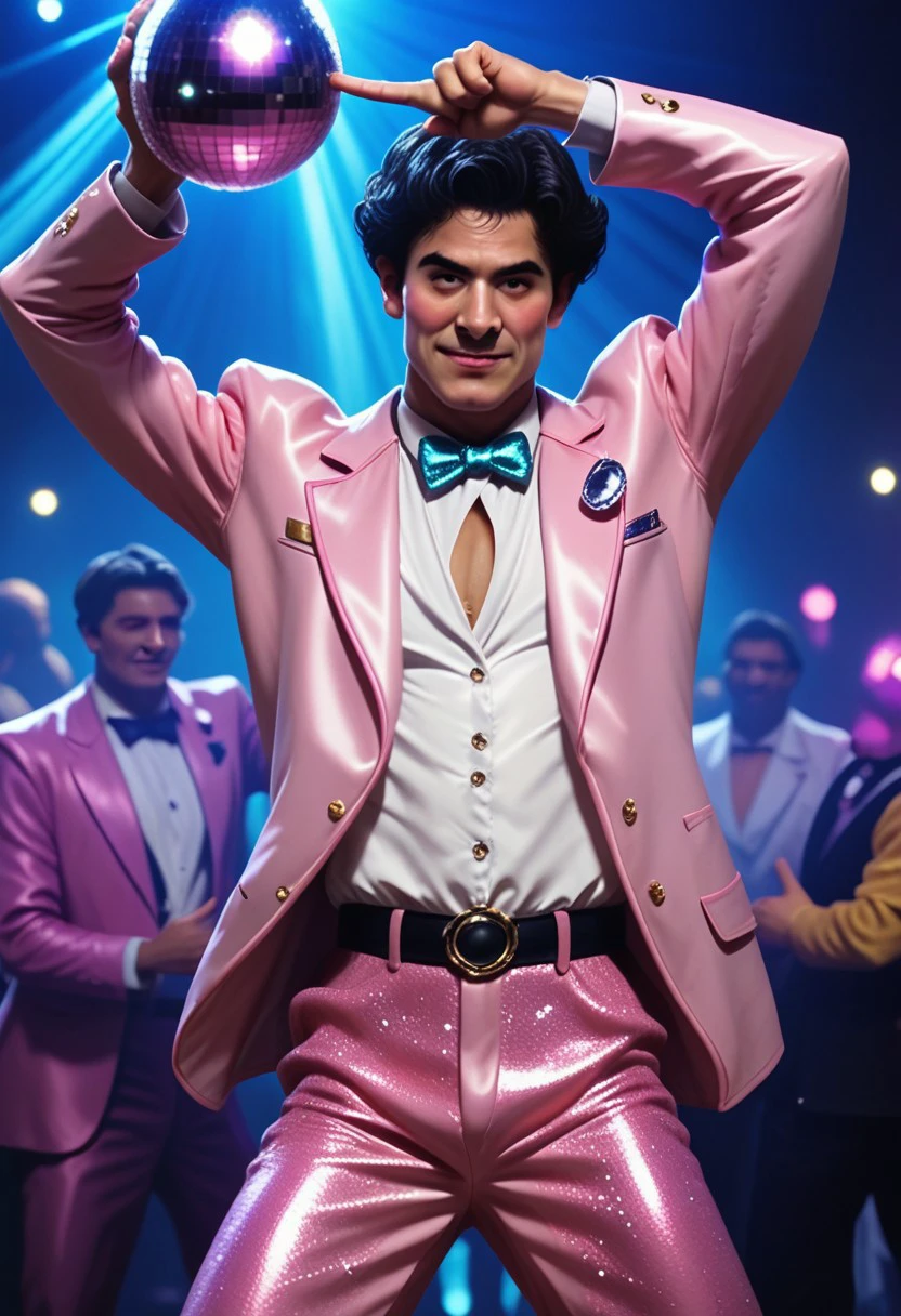 score_9, score_8_up, score_7_up, D4NC3RS,  A man in a glittery pink suit , arms up, fingers pointing, detailed face,  is disco dancing, SATURDAY NIGHT FEVER BREAK discotheque with hanging disco ball, night club, dancing, studio photography, detailed Nikon X3460, cinematic angle, cinematic lighting,