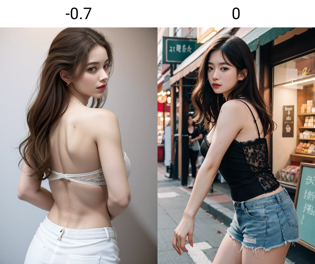 (((masterpiece))), (((best quality))), 8k, highres, upper body, beautiful detailed face, from side, looking back, bent over, 1girl, brown hair, wavy hair, sidelocks, ulzaang, cleavage, asian, cleavage, lace camisole, shorts, walking, storefront, shopping street, vandors, narrow roadside, signboard lights, crowd,<lora:cuteasiangirlstyle:-0.7>