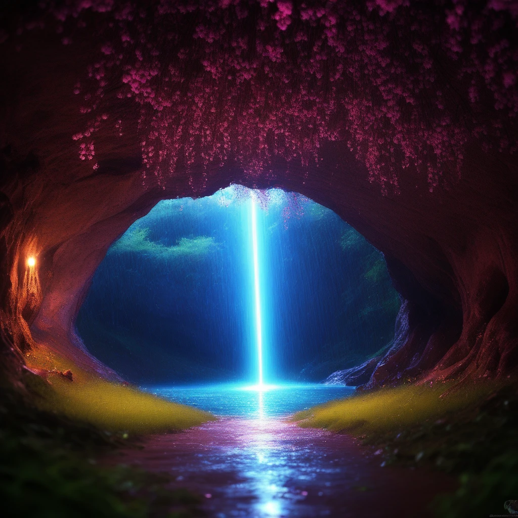 cave, blurry, field, nature, cave water, depth of field, shooting star, architecture, forest, glowing, rain, planet, cherry blossoms, door