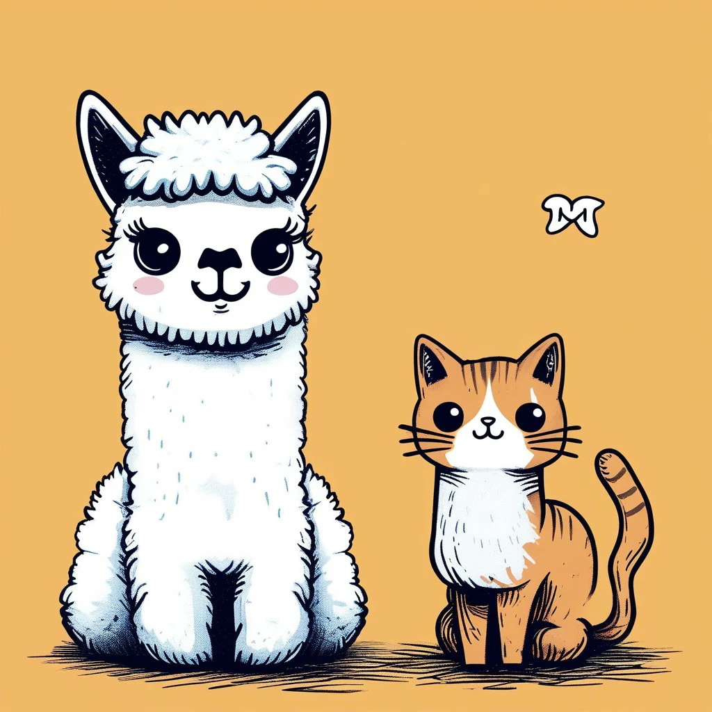 Whimsical, cartoon doodle of a cute alpaca and a cute cat wishing good morning, illustration