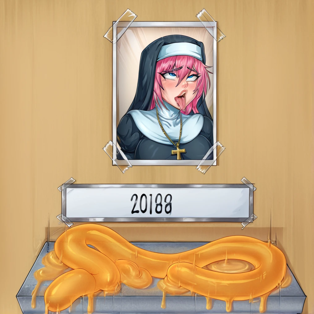 score_9, score_8, score_7, photo_(object), photo of a girl, through wall, price tag, yellow slime, slime_(substance), candle, ahegao, nun, pink hair, v, blue eyes, large breasts,
