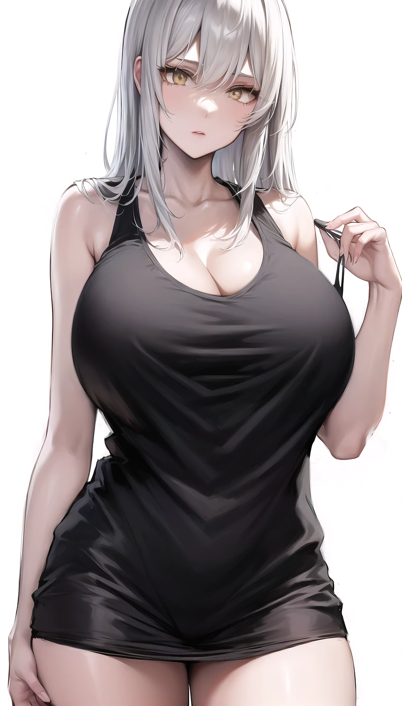 eyes visible through hair,white hair,blonde eyes, 
(tank top:1.28),
lady,mature female, cowboy shot,
(white background,simple background:1.18),
highres,official art,original,masterpiece,best quality,
(huge breasts),
<lora:lyfe2:0.8>