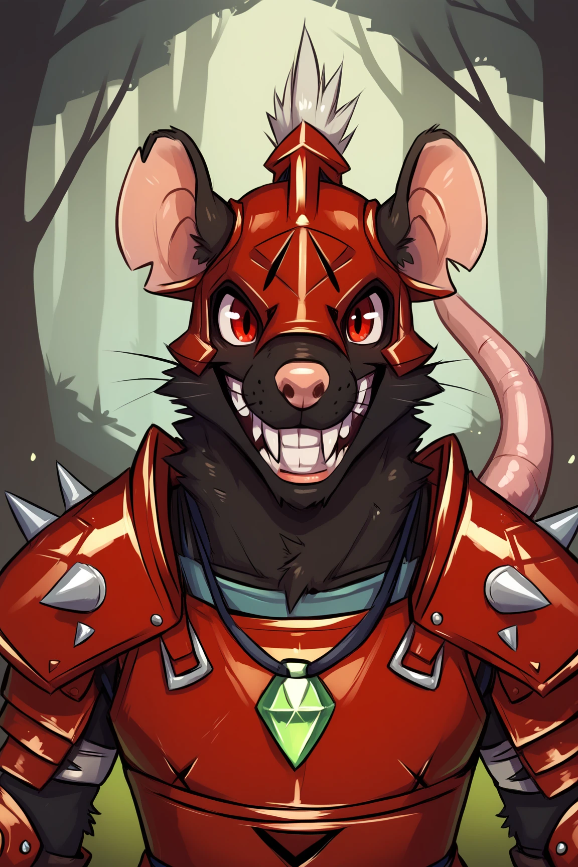score_9, score_8_up, score_7_up, score_6_up, score_5_up, score_4_up, BREAK, SkavenSWF, anthro furry, furry male, black fur, snout, red eyes, buck teeth, rat teeth, rat ears, rat tail, rat, red helmet, (punk sharp bones on helmet:1.1), red armor, necklace green jewel, spikes, shoulder armor, red breastplate, solo, front view, (portrait, upper body), solo focus, grin, looking at viewer, forest, tree <lora:SkavenSWF:1>