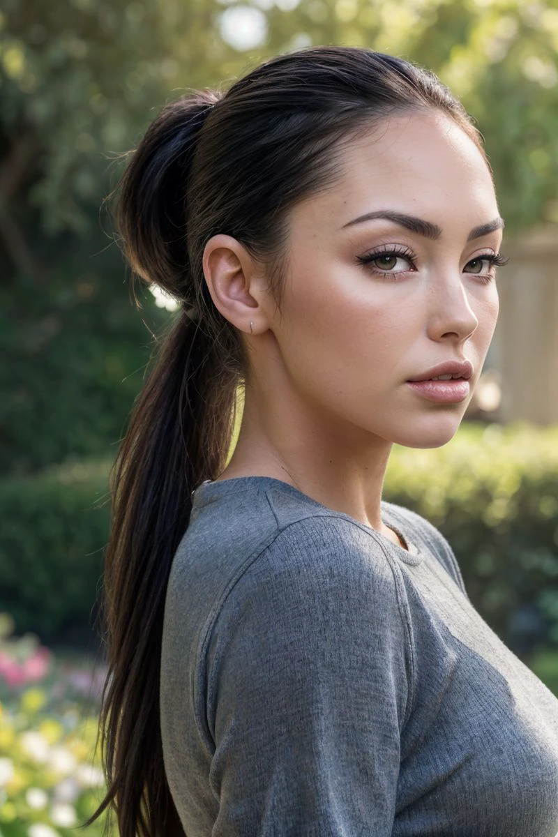 portrait of S462_HopeBeel,a gorgeous woman,in a (garden:1.1),wearing a (crewneck),(ponytail),(4k, RAW photo, best quality, 50mm, depth of field, ultra high res:1.1),(intricate, photorealistic, cinematic-shot, masterpiece, ultra-detailed:1.1),