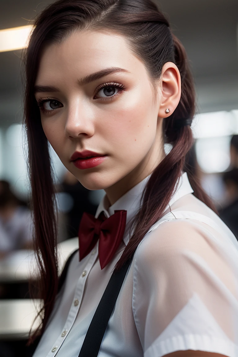 anyataylorjoy-4230, ((detailed skin, detailed face)), ((detailed eyes, beautiful eyes)), ((red lipstick, eyeliner, eye shadow, blush)), ,photo of a woman, RAW, close portrait photo, ((bowtie, shirt, skirt, thighhighs)),((short hair, pigtails):1.1), ((school cafeteria, walking, lunch tray)), slim body, ((detailed skin, detailed face):1.2), ((detailed eyes, beautiful eyes)), 8k uhd, dslr, soft lighting, high quality, film grain, Fujifilm XT3 sharp focus, f 5.6