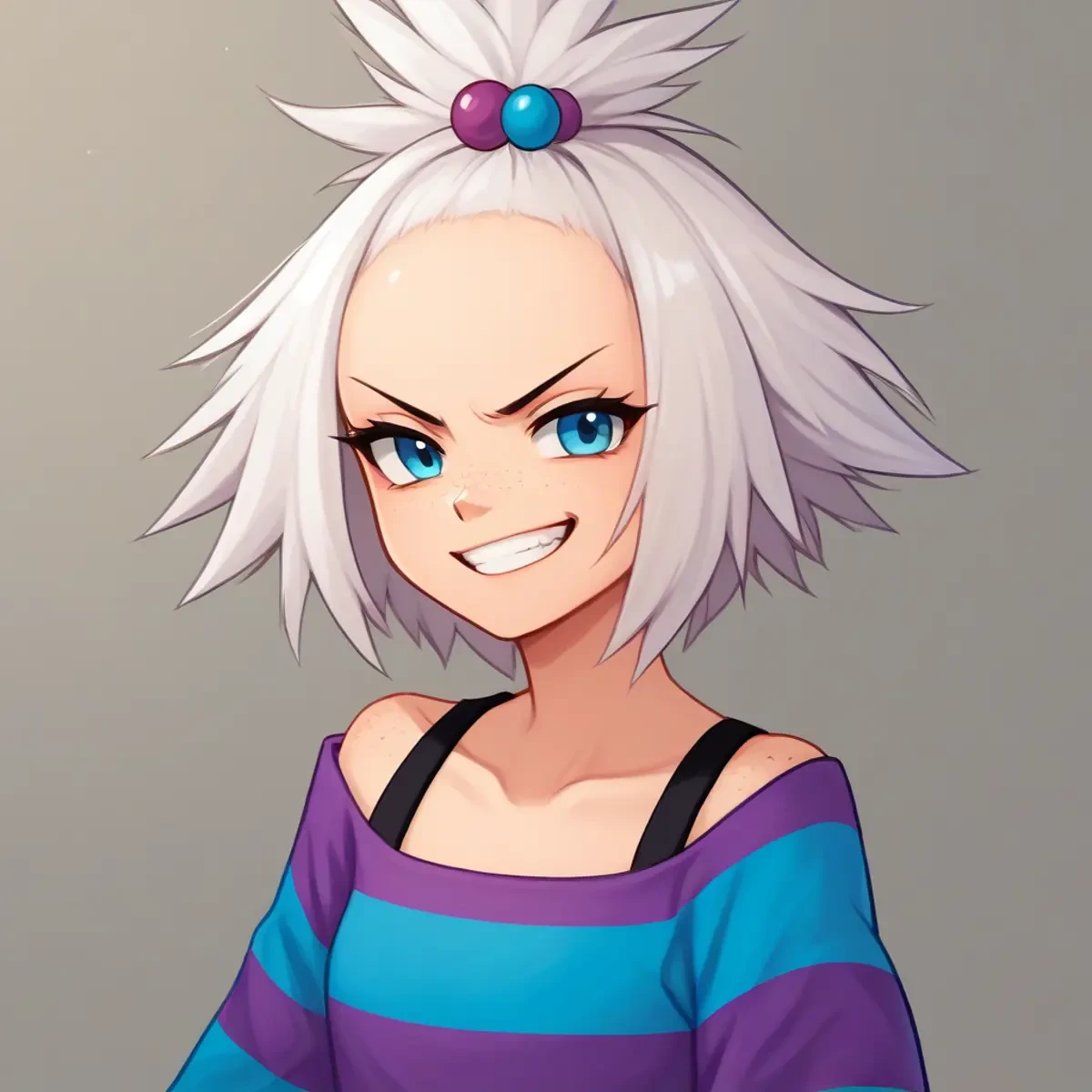 score_9, score_8_up, score_7_up, score_6_up, score_5_up, score_4_up, 1girl, roxiePokemon, solo, portrait, grin, white hair, blue eyes, forehead, freckles, hair ornament, hair bobbles, topknot, striped, dress, striped dress, two-tone dress, strapless dress