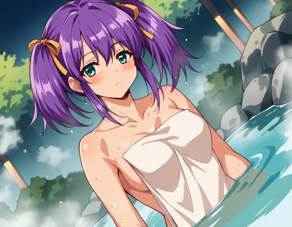 1girl, fern, long hair, hair ornaments, ((naked)) wet, towel, ((nude)), bathing, hot spring, sitting, ((knee up)), ((spread legs)), looking at viewer, ((masterpiece)), best quality, high detailed illustration, high detailed background, hi-res