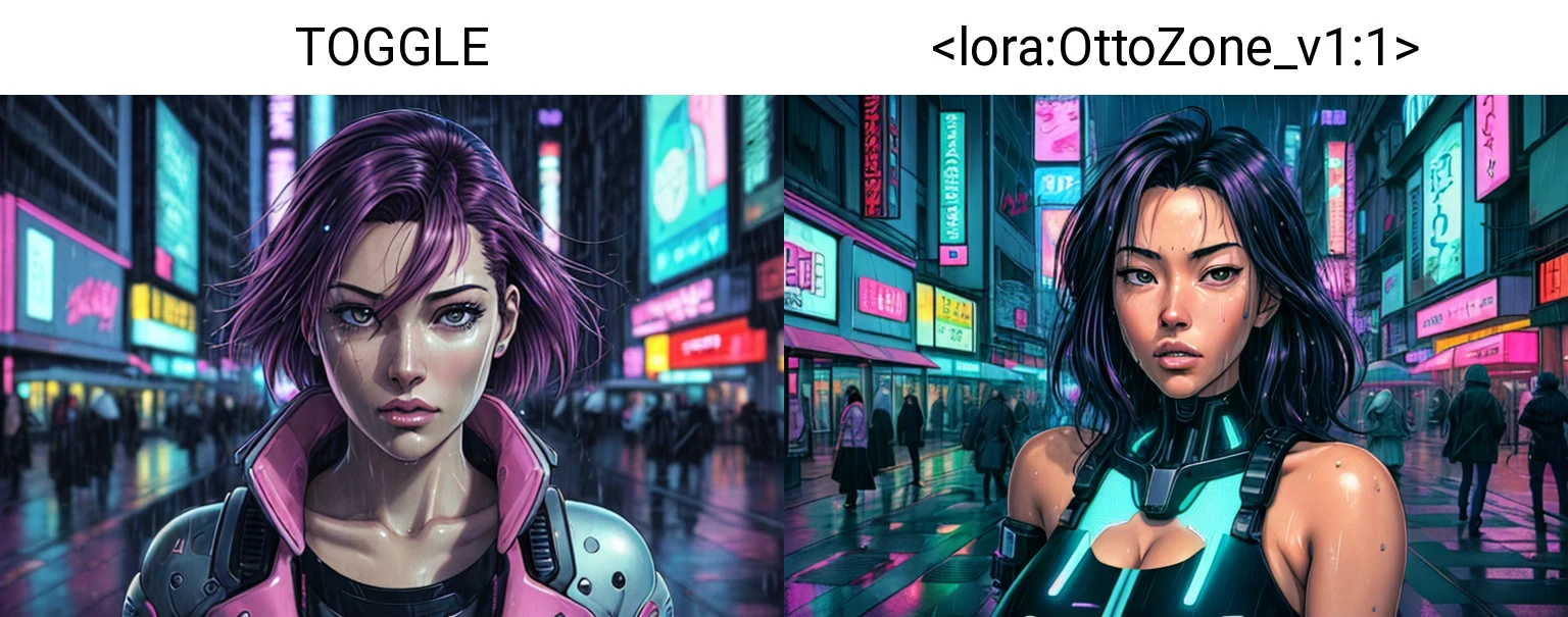 Anime, 1girl, solo focus, close-up shot, head-and-shoulders, woman cyborg, dyed hair, eclectic style, outdoors, rain, art by Naoki Urasawa, street photography, cyberpunk, vaporwave, futuristic city, neon lights TOGGLE