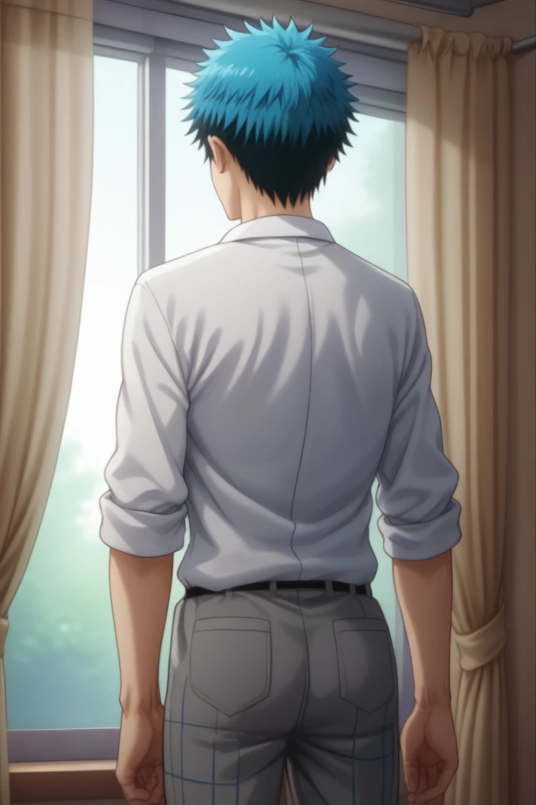 score_9, score_8_up, score_7_up, score_6_up, zPDXL2, detailed, intricate details,cowboy shot,best quality ,source_anime, male focus,
yujin ozora, blue eyes, blue hair, school uniform, 1boy, male focus, solo, window, from behind, pants, indoors, curtains, standing, grey pants, facing away, shirt<lora:EMS-416616-EMS:1.000000>