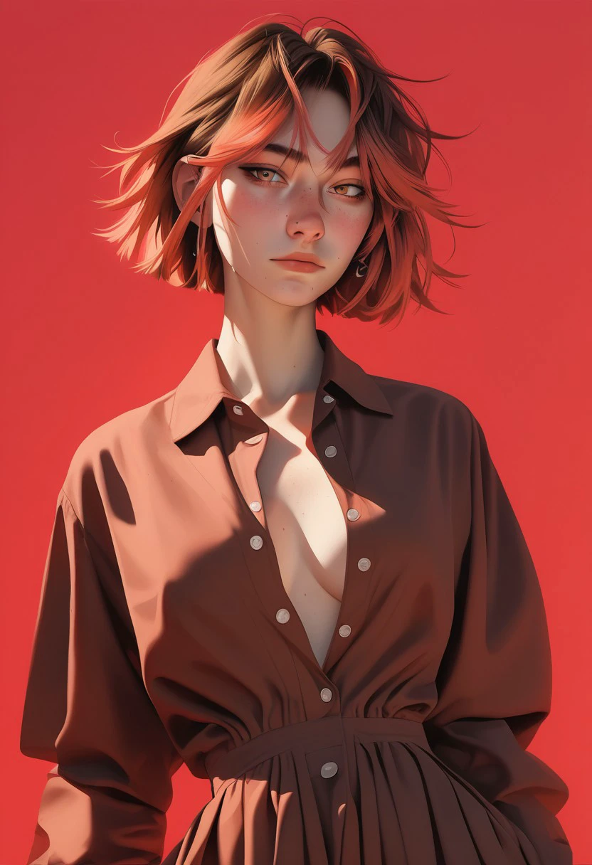 1girl, pretty face, freckles, manic pixie, short hair, brown hair, 
dress shirt, unbuttoned, 
FOV close up medium shot, 
simple pastel red background,
score_9,score_8_up