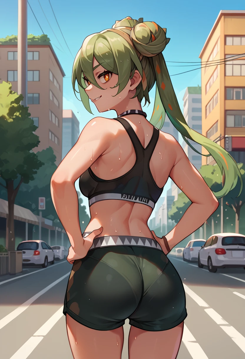 score_9, score_8_up, score_7_up, source_anime, from behind, solo, 1girl, groundmiku, sweat, smile, looking back, hands on own hips, twintails, double bun, black sports bra, black shorts, short shorts, ass, outdoors, city street <lora:projectvoltage_groundmiku_ponyXL:1>