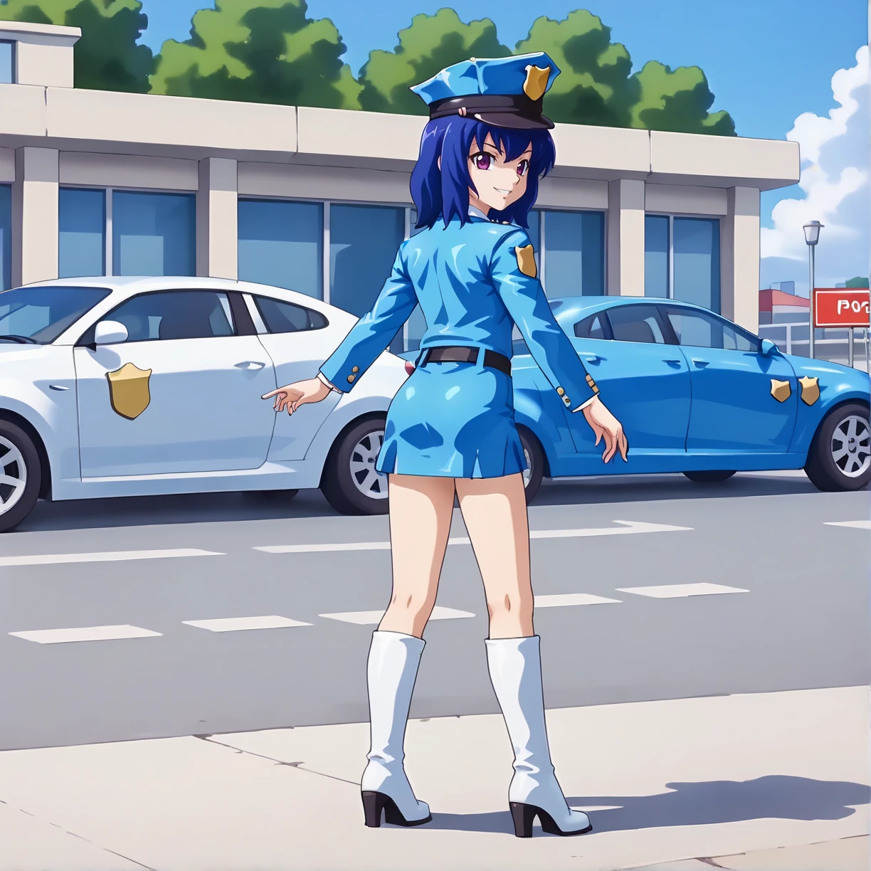 <lora:MSPAoiXLpony001>,
smile,
solo,
MSPAoi,1girl,blue hair,medium hair,red -purple eyes,
police hat,
police_uniform,blue jacket,necktie,
belt,blue skirt,mini skirt,
white boots,
white boots,high_heel_boots,
outdoors,
full body,standing,looking back,