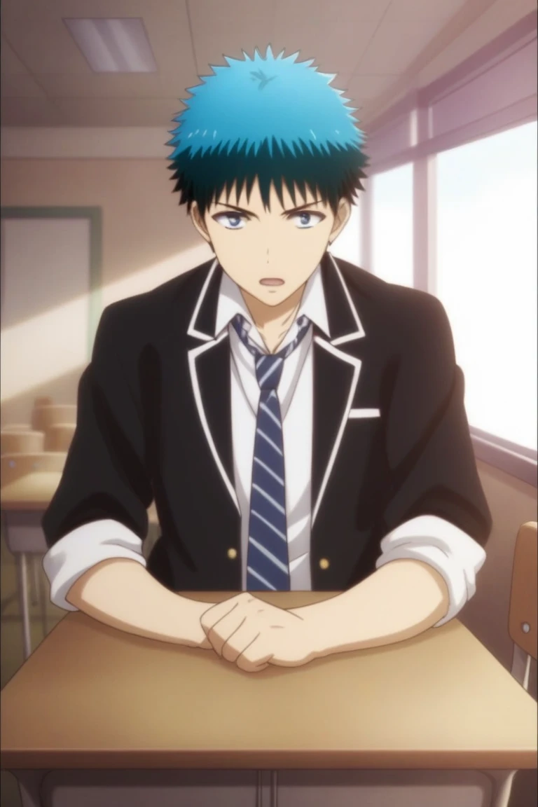 score_9, score_8_up, score_7_up, score_6_up, zPDXL2, detailed, intricate details,cowboy shot,best quality ,source_anime, male focus,
yujin ozora, blue eyes, blue hair, school uniform, 1boy, male focus, classroom, desk, solo, school desk, necktie, black hair, indoors, jacket, sitting, striped necktie, open mouth, chair,, striped, blazer, score_5_up<lora:EMS-416616-EMS:1.000000>