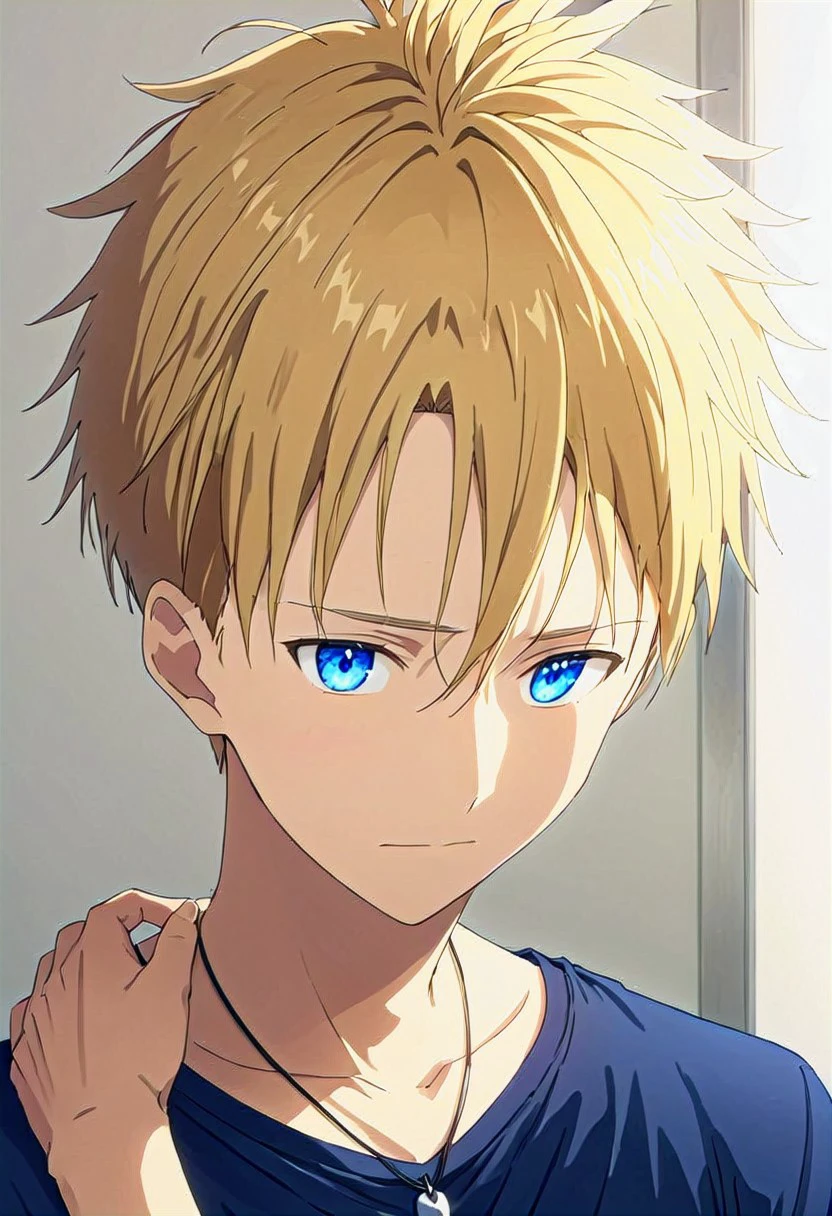 high resolution, solo, best quality, 1Boy, Yamato Ishida, Blonde Hair, Blue Eyes, Necklace, Portrait, couple, love, embrace,