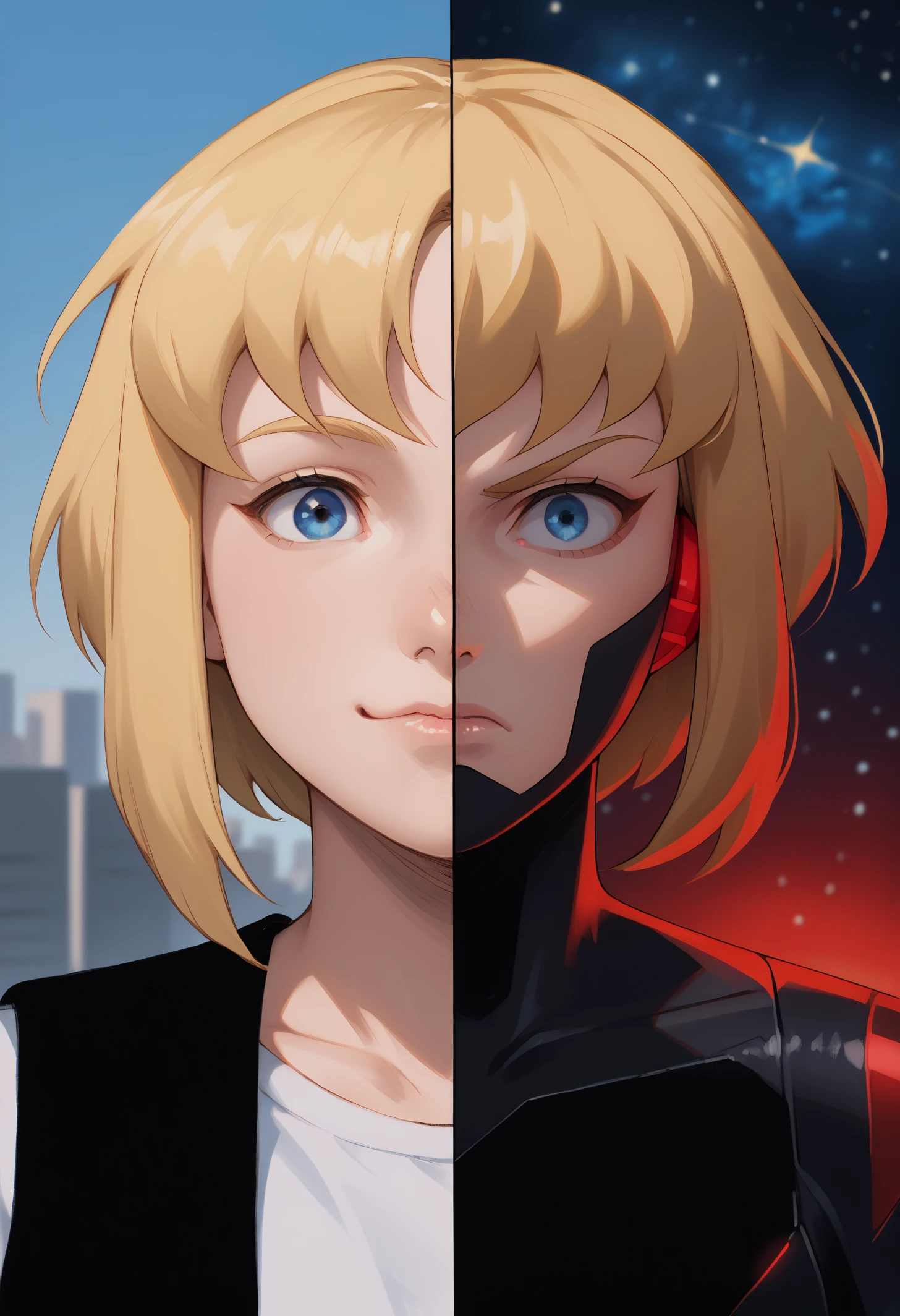 score_9, score_8_up, score_7_up, portrait, black line, 2koma, wide shot, mirrored,
BREAK black vest, white t-shirt, smile, closed mouth, city, blue sky, looking at viewer, <lora:Splitscreen_XLPD:0.7>, SplitScreen, split screen, karazoreldef, blue eyes, short hair, blonde hair, toned, <lora:Kara-Zor-ElPDXL_V1-Manityro-CAME:0.4>, upper body,
BREAK black line, black border, gap,
BREAK karazorelfit, red earpiece, red glow, black two-tone bodysuit, angry, frown, space, starry sky, dark, night, looking at viewer, <lora:Splitscreen_XLPD:0.7>, SplitScreen, split screen, karazoreldef, blue eyes, short hair, blonde hair, toned, <lora:Kara-Zor-ElPDXL_V1-Manityro-CAME:0.4>, upper body,