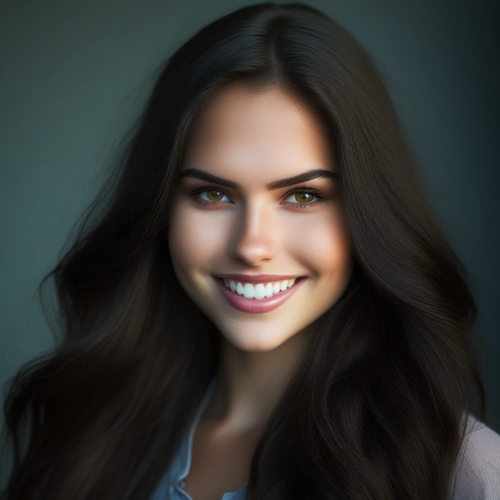 headshot of a pretty young woman with long dark hair, hazel eyes, smiling at the camera, professional color grading , accurate facial features, 