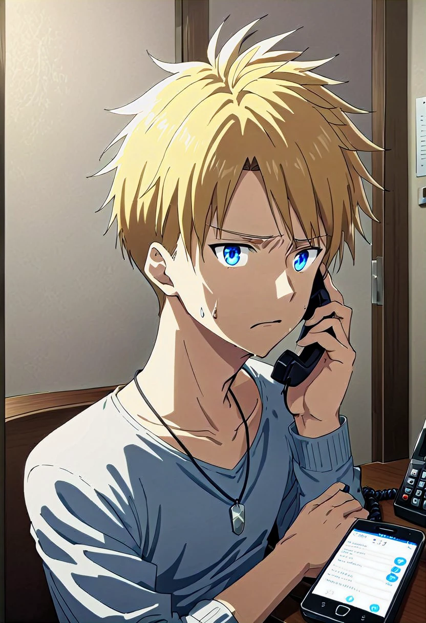 high resolution, solo, best quality, 1Boy, Yamato Ishida, Blonde Hair, Blue Eyes, Necklace, Ransom, phone call, threat, urgency,