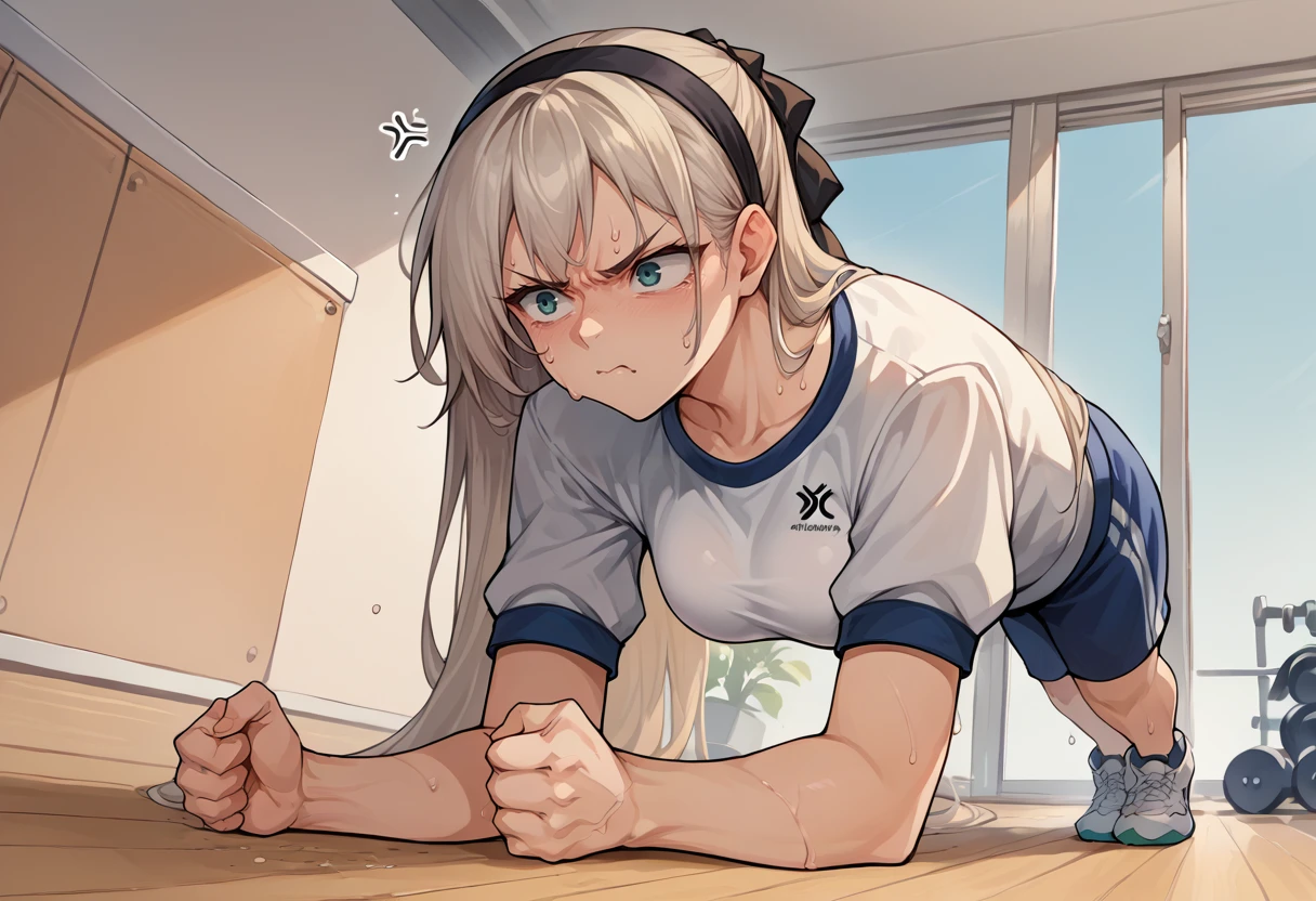 score_9, score_8_up, score_7_up, source_anime, 1girl, planking, exercise, clenched hands, <lora:Planking_XLPD:1>, gym uniform, sweat, annoyed, full body, anger vein,  <lora:elie-pdxl-nvwls-v1:1> zeroElie, black hairband, hair ribbon, long hair,