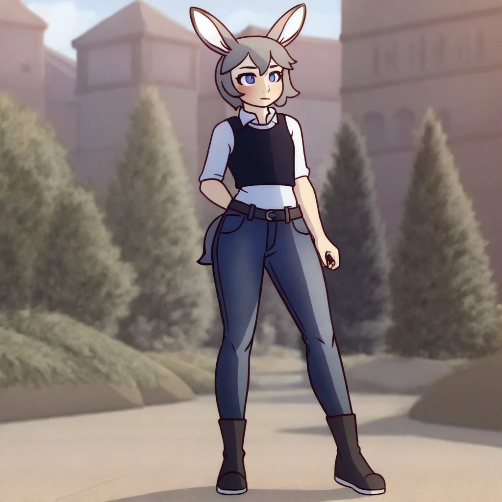 <lora:mikeinel_judy:0.7>
solo, 1girl, masterpiece,
mikeinel_judy, human, humanoid, blue eyes, grey hair,
clothed, vest, jeans, footwear, full body, standing,