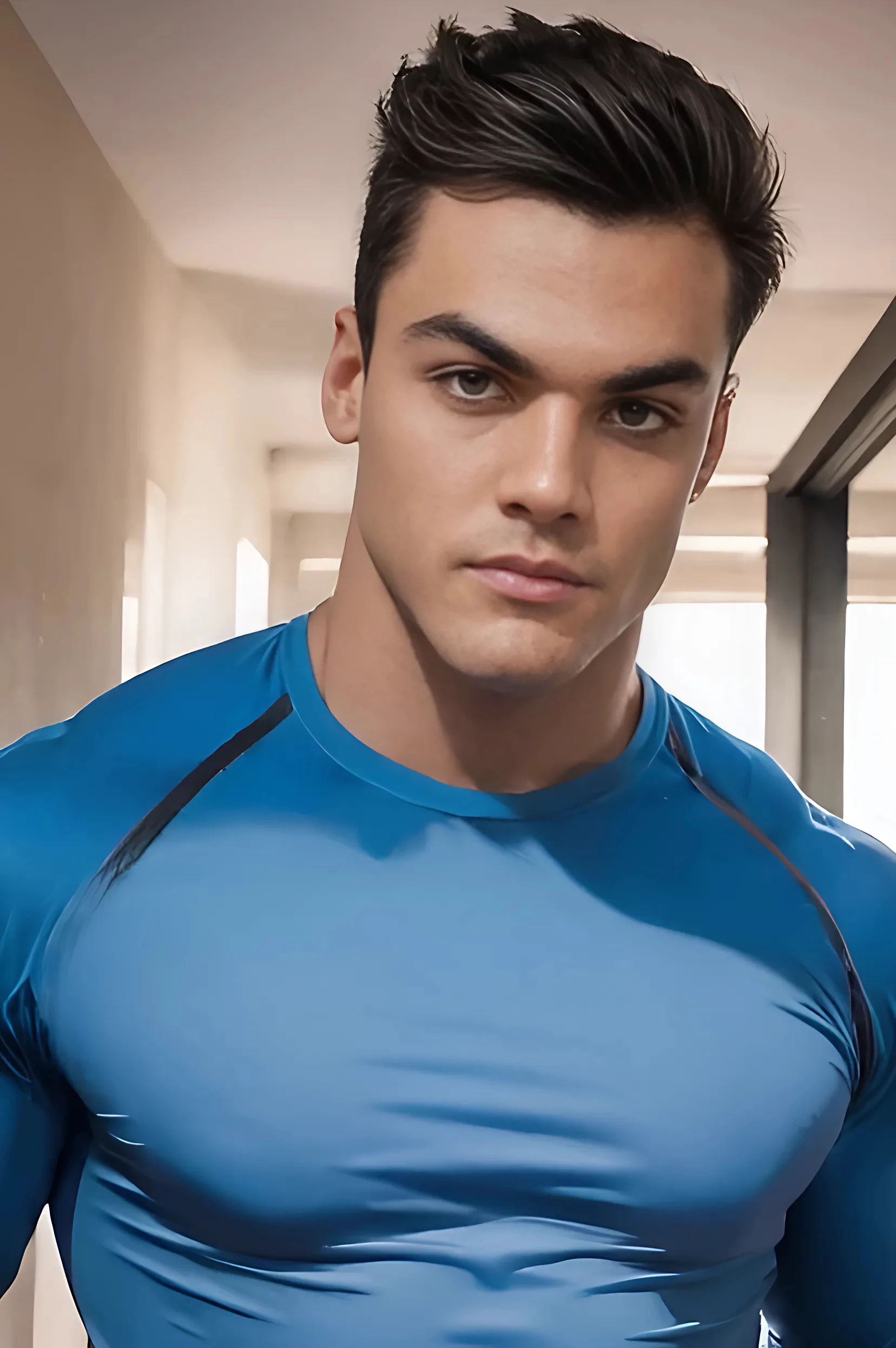 Headshot of Grayson Dolan, ((masterpiece)), ((best quality:1.2)), High Resolution, 8k, male focus, (ultra_realistic:1.3), (photorealistic:1.4), upper portrait of Grayson Dolan, ((masterpiece)), ((best quality:1.2)), realistic, muscular, ((Grayson Dolan is wearing a blue compression shirt:1.3)), looking at viewer, HDR, 8K, absurdres, perfect, intricate detail, cinematic, depth of field, raw photography, ((clean shaven:1.3)), hazel eyes, brown hair, solo, 1boy,