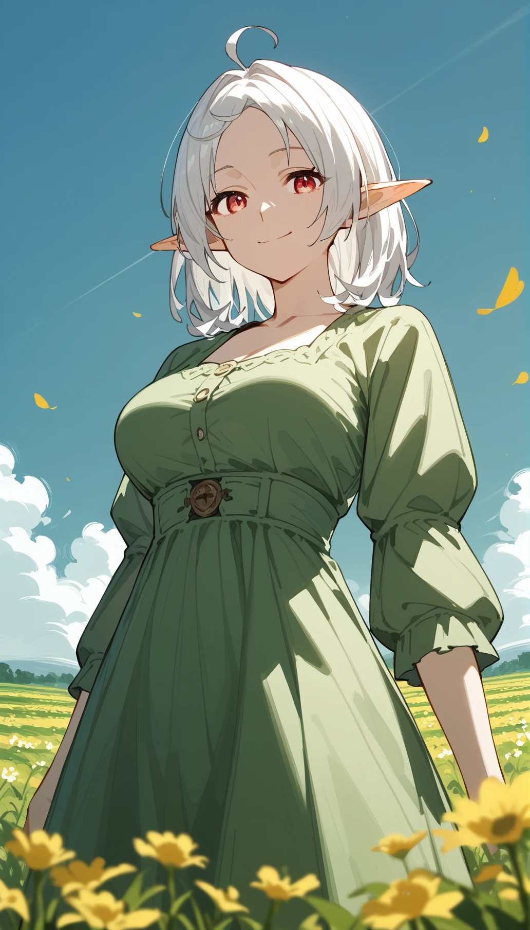 (score_9,score_8_up,score_7_up,score_6_up,score_5_up,score_4_up), style_2, cowboy shot, from below, looking at viewer, 1girl, mature female, sylphy, white hair, medium hair, ahoge, parted bangs, red eyes, pointy ears, elf, medium breasts, smile, closed mouth, (green dress), outdoors, flower field, atmospheric perspective, standing, <lora:MylphietteMT-07:0.7>