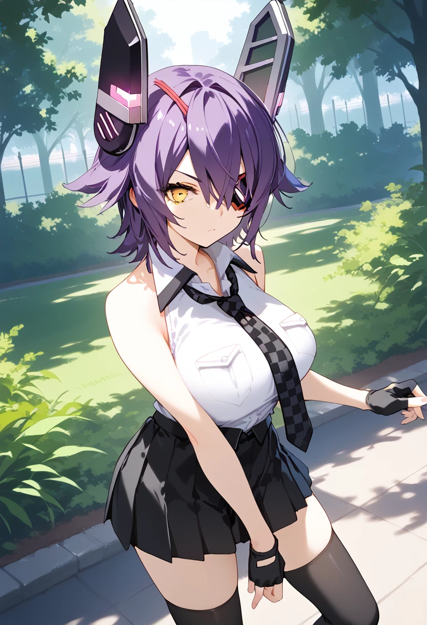 1girl, solo, park,  <lora:KC_02LC_tenryuu_ponyv2:1> tenryuu-kc, headgear, eyepatch, short hair, purple hair, yellow eyes, tenryuukai2-kc, sleeveless shirt, white shirt, necktie, checkered necktie, black skirt, miniskirt, pleated skirt, black thighhighs, boots, sleeves rolled up, fingerless gloves, black groves, bare arms, score_9,score_8_up, score_7_up, source_anime, masterpiece, best quality,  official art, official style, game cg, megami magazine, rating_safe, rating_questionable, <lora:Fixhands_anime_bdsqlsz_V1:0.75>,