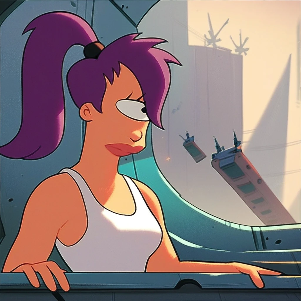 score_9, score_8_up, score_7_up, score_6_up, score_5_up, score_4_up, Leelafut, in a spaceship, tank top, cyclops , purple hair, ponytail