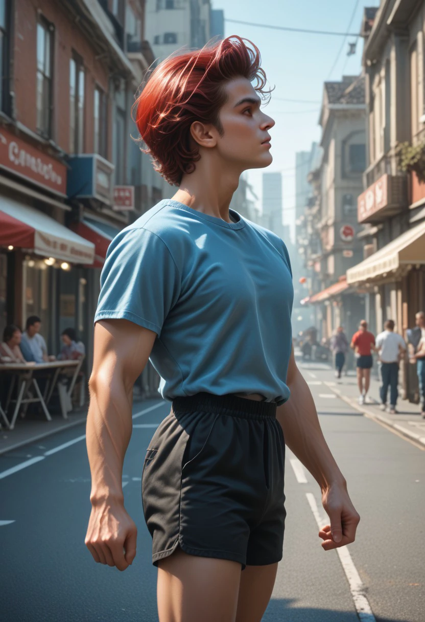 score_9, score_8_up, score_7_up, D4NC3RS, 1boy , male focus, red hair, blue eyes, blue shirt and black shorts, gymnast, , profile, from the side, street, outdoors, spinning, detailed face,  gymnastic pose, BREAK retro photography, studio photography, detailed Nikon X3460, cinematic angle, cinematic lighting,