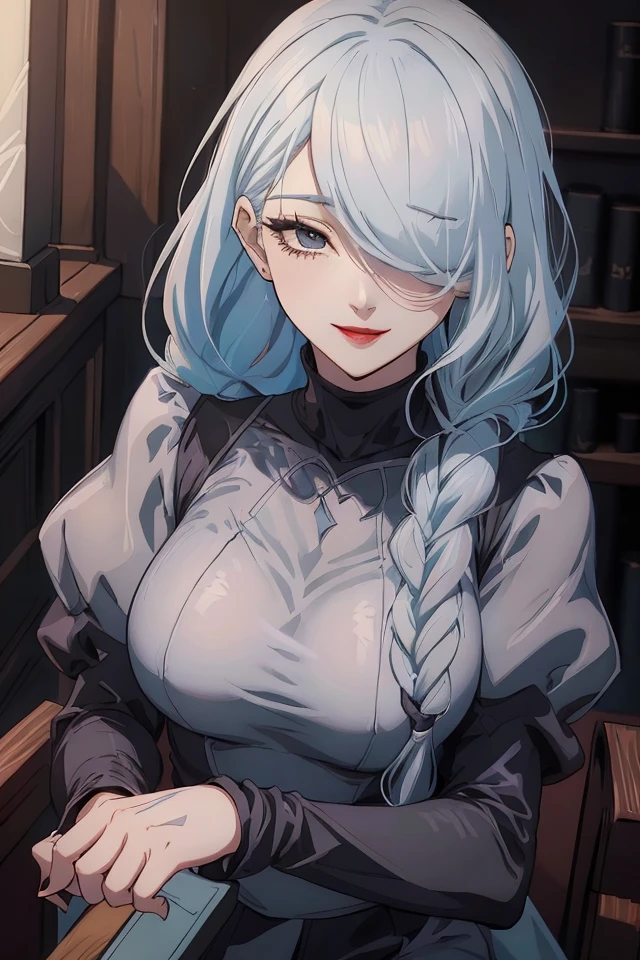 (JK_MeiMei), 1girl, smile, solo, light blue hair, large breasts, nail polish, eyelashes, black eyes, lipstick, makeup, red lips,long sleeves, dress, puffy sleeves, black dress, juliet sleeves, turtleneck dress, (single braid), (hair over one eye:1.2),   (parted bangs:1.5),