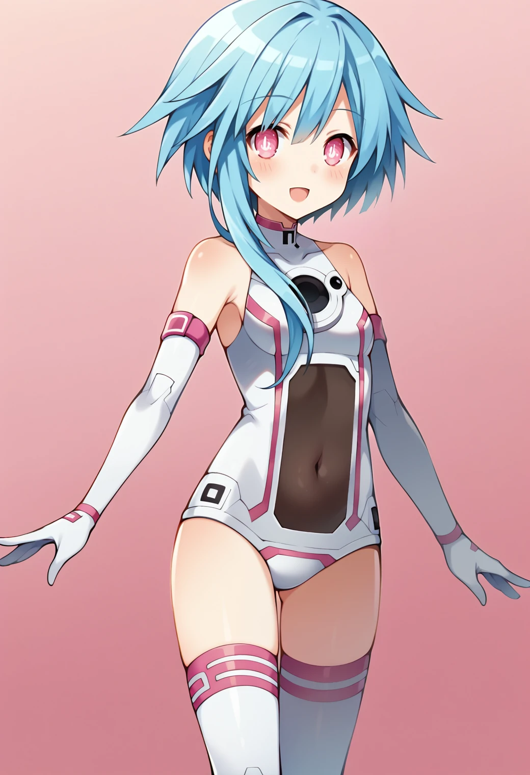 score_9, score_7_up, hd, (ultra hd quality details), source_anime, pink background,
solo, 1girl, wsrombase, blue hair, power symbol, symbol-shaped pupils, short hair with long locks,
wsleotardtypea, bare shoulders, elbow gloves, white gloves, white thighhighs, navel cutout, covered navel,
looking at viewer, smile, blush, open mouth, 
standing,
 <lora:_rom_neptunia-elesico-ponyv1:0.9>