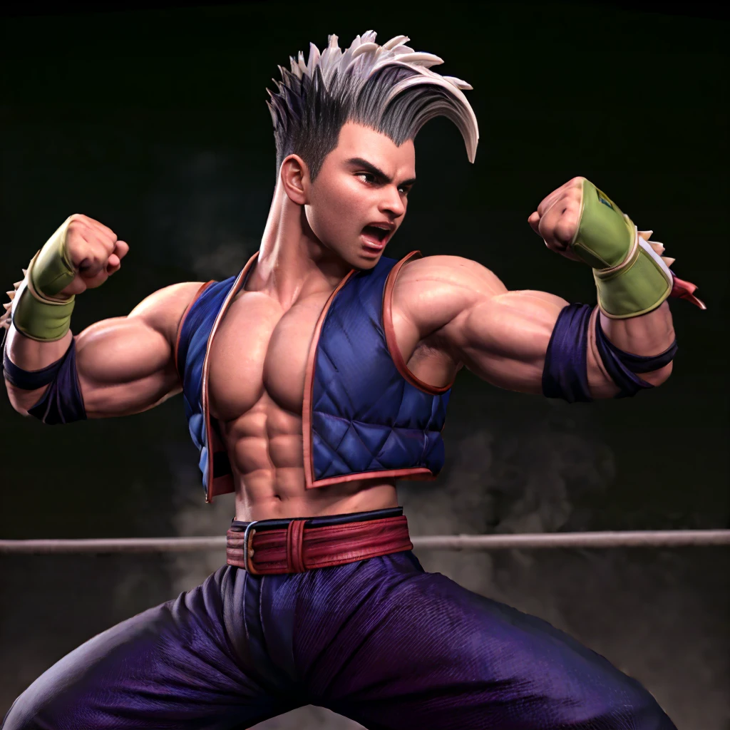 ((best quality)), ((masterpiece)), ((realistic)), (detailed)
chujiwu, vest, 1boy, pants, belt, gloves, white and black hair, spiked hair, armpit
<lora:chuji_wu:1>
<lora:Mortal_Kombat_VS_pose:1>mkvspose, vs, (fighting stance), open mouth, medium shot, (facing away), transparent background, (perfil),looking away,