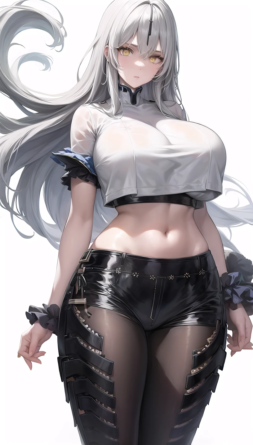 eyes visible through hair,white hair,yellow eyes,
(crop top:1.28),
lady,mature female, cowboy shot,
(white background,simple background:1.18),
highres,official art,original,masterpiece,best quality,
(huge breasts),
<lora:lyfe2:0.8>