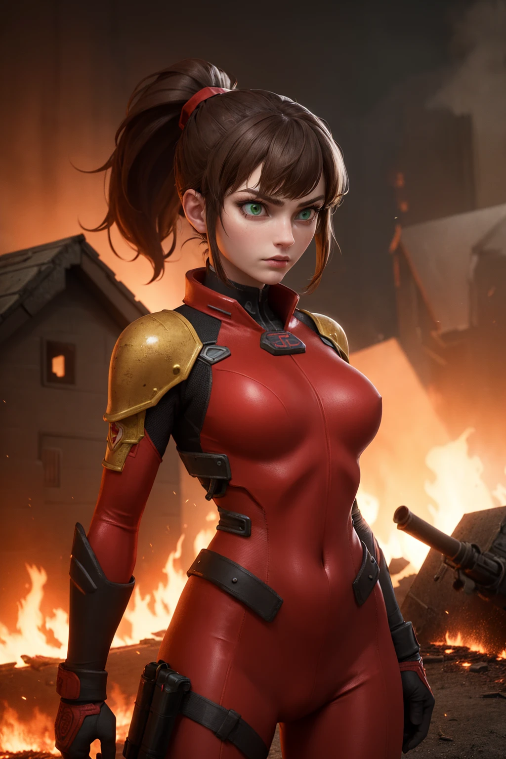(masterpiece, best quality:1.2), highly detailed, unreal engine render, intricate, ultra hd, 1girl, solo,
(in detailed battlefield:1.2), burning house behind, embers, brown hair, green eyes, long hair, ponytail, armor, plugsuit, red suit, dynamic pose, fighting,