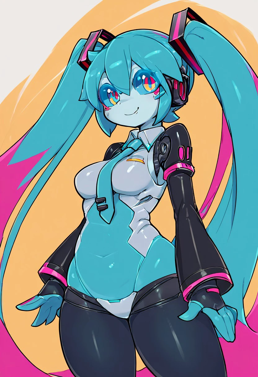 score_9, score_8_up, score_7, score_6_up, rating_safe, hi res, (vibrant colors), android girl, robotic body, blue sclera, hatsune miku, metalic body, female solo, (by pochincoff), medium breasts, blue body, chubby, plump, curvy figure, voluptous, (safe_nudity), standing, glistening body, front view, expressive eyes, neon eyes, shiny, simple background, Sunrise