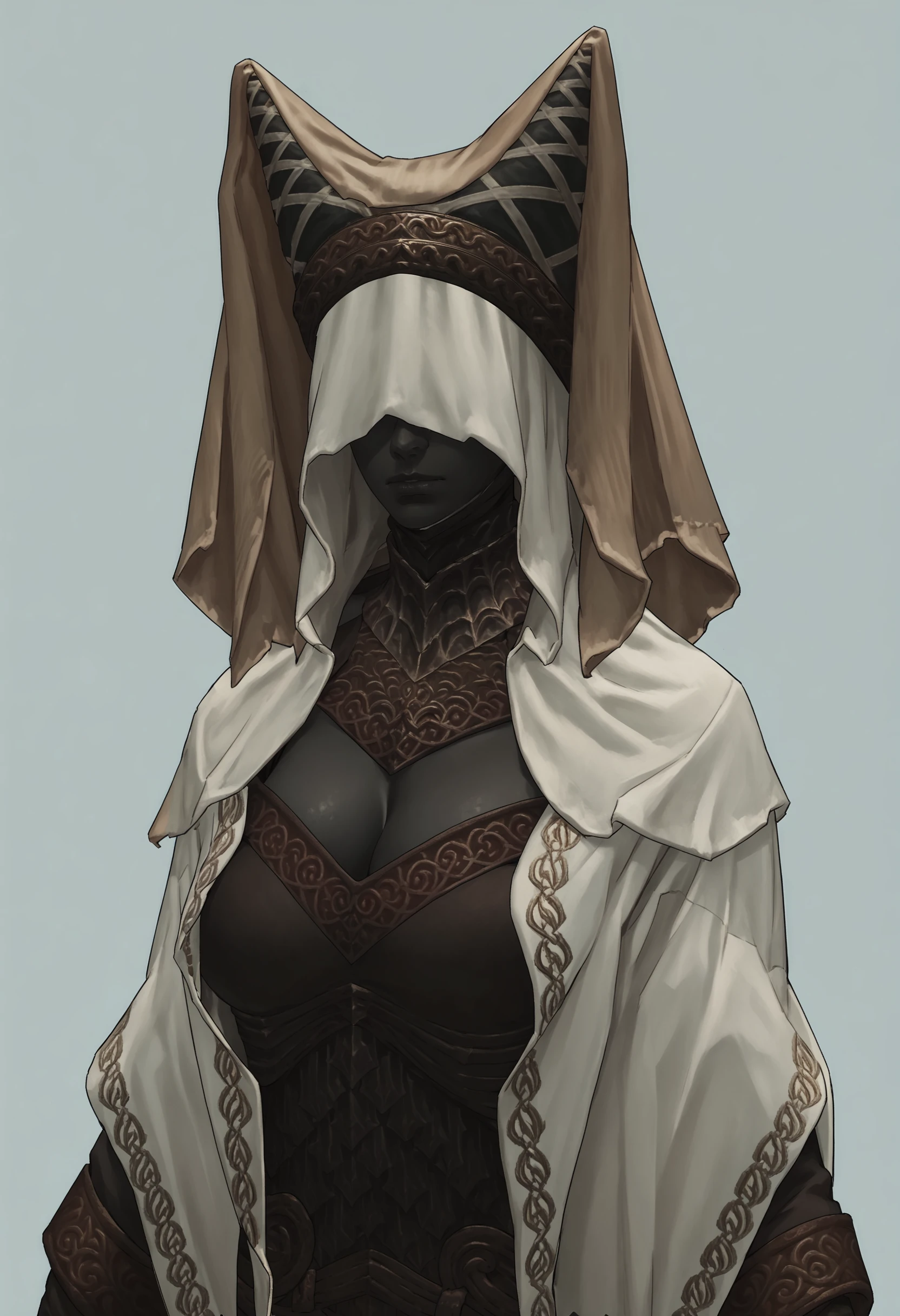 score_9, score_8_up, score_7_up, score_6_up, score_5_up, score_4_up, 1girl,  <lora:NightMaiden:0.85> solo, large breasts, colored skin, black skin, faceless, veil, helmet, robe, armor, gloves, cape, upper body, cleavage, 
(light blue background:1.15), simple background,