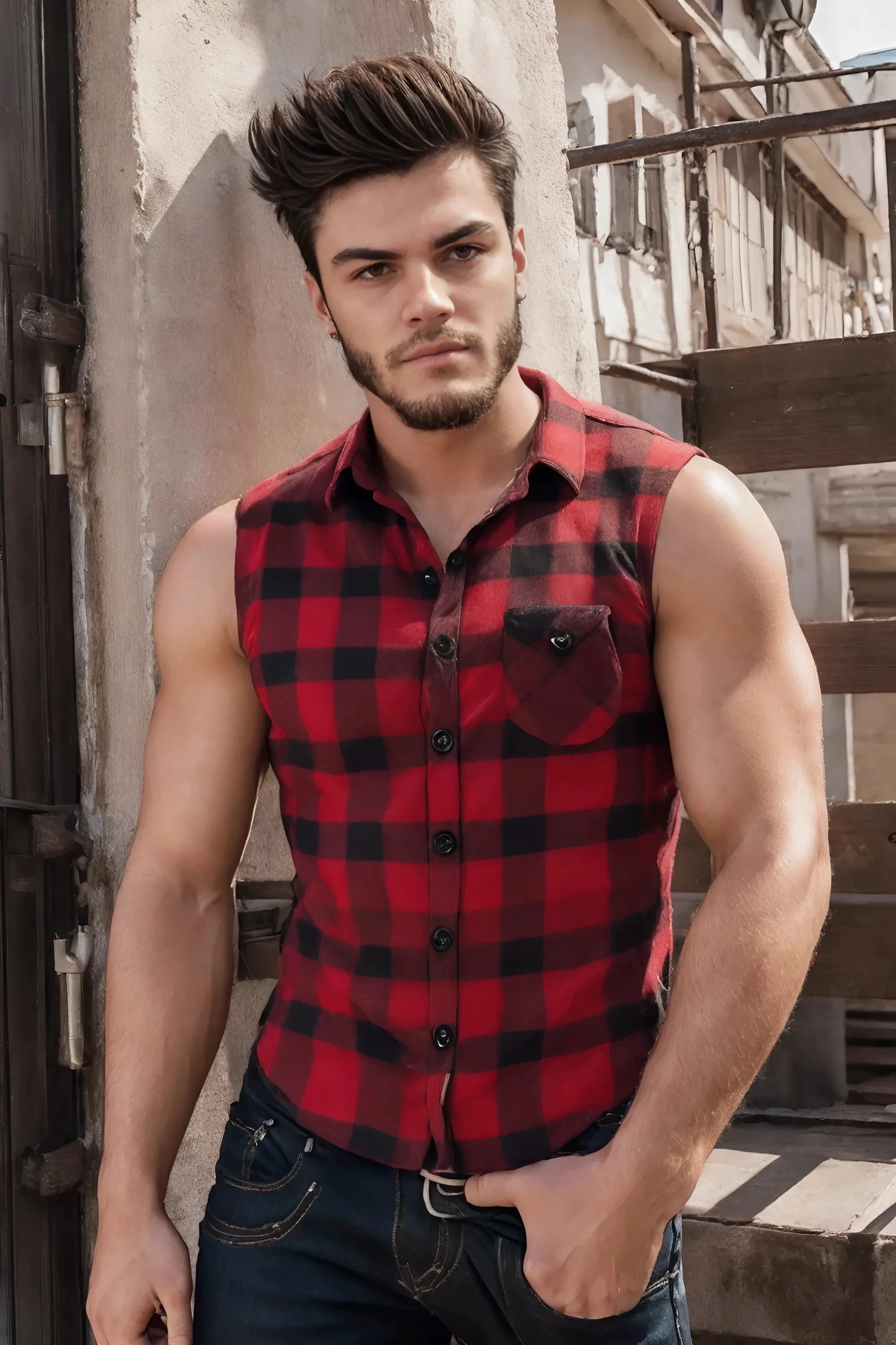 Ethan Dolan, ((masterpiece)), ((best quality:1.2)), High Resolution, 8k, male focus, (ultra_realistic:1.3), (photorealistic:1.4), ((masterpiece)), ((best quality:1.2)), realistic, toned, manly, ((wearing a sleeveless red flannel shirt:1.3)), ((with (two buttons undone):1.4)), (he is wearing jeans), with belt:1.4), outdoors, HDR, 8K, absurdres, perfect, intricate detail, cinematic, depth of field, raw photography, facial hair, stubble, hazel eyes, brown hair, solo, 1boy,