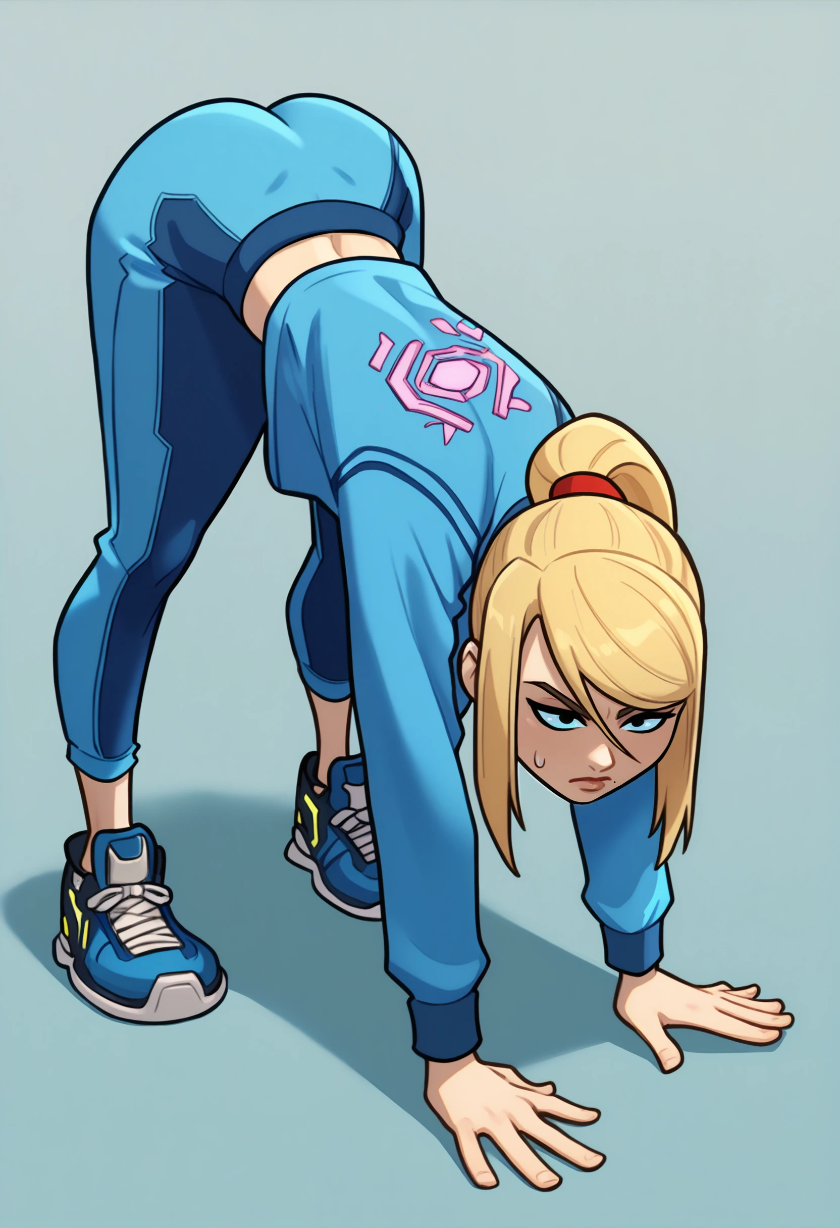 score_9, score_7_up <lora:demondeals-guy-PONY-DORAv1:1>, 1girl, solo, samus aran, sweatpants, long sleeves, shirt, stretching, on ground, bent over