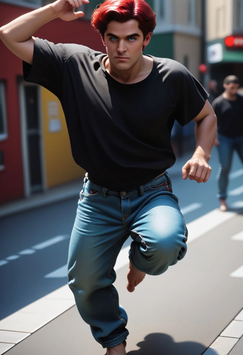 score_9, score_8_up, score_7_up, D4NC3RS,  A man in a shirt and pants , male focus, red hair, blue eyes, black shirt, baggy jeans, from above, street, outdoors, spinning, detailed face,  casual dancing, hip hop dancing, BREAK retro photography, dancing, studio photography, detailed Nikon X3460, cinematic angle, cinematic lighting,