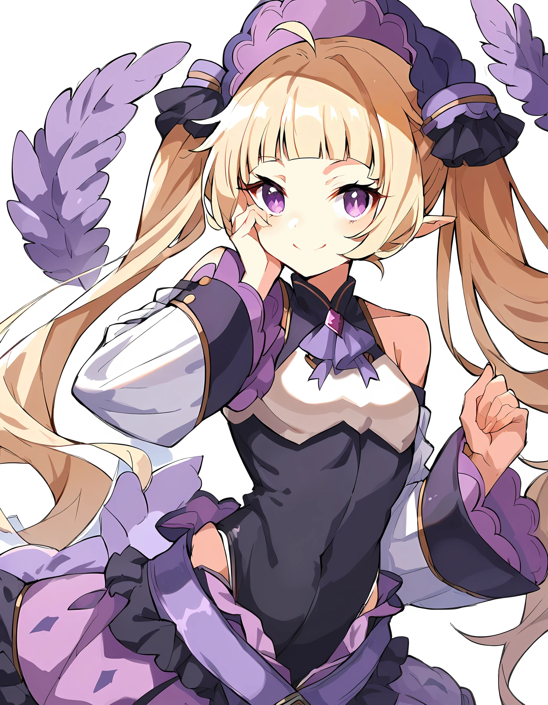 score_9,score_8_up,score_7_up,source_anime,
1boy, solo, otoko no ko,  <lora:Yuki_Pony:1>YukiAstrum,blond hair, twintail, long hair,  black leotard,white sleeves,wide sleeves,frilled skirt,purple skirt,black thighhighs,bare shoulders,blunt bangs,ahoge,
simple background, hand on face, smile, lokking at viewer,upper body,
<lora:princess_pony_v1:0.4> <lora:add_details_xl:1>