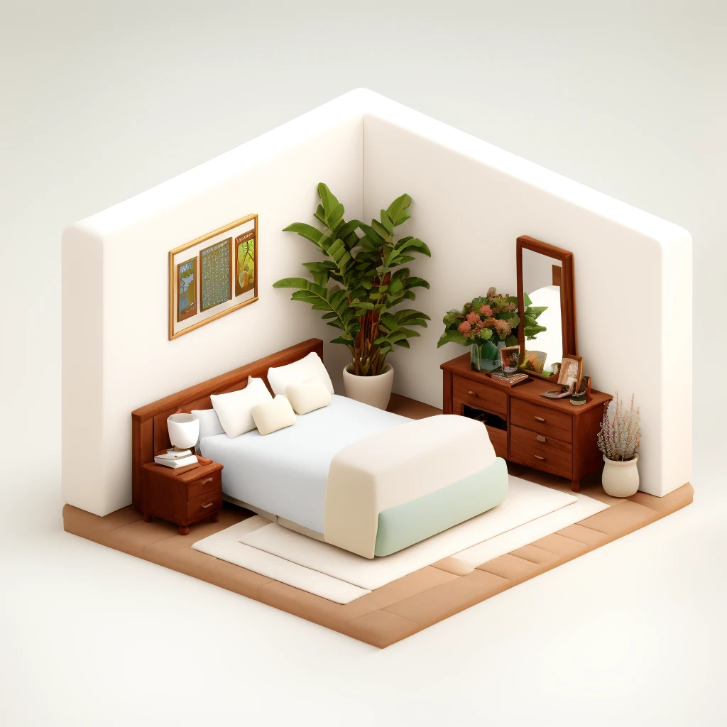 dengzhou,bedroom,mirror,acoustic guitar,white sofa,shelves,books,potted plants,greenery,glass table,marble table,still life painting,white walls,green cushions,wooden floors,tables,storage basketsno humans,Octane Renderer,c4d,soft light,solid color background,<lora:çè½´3d-000024:1>,