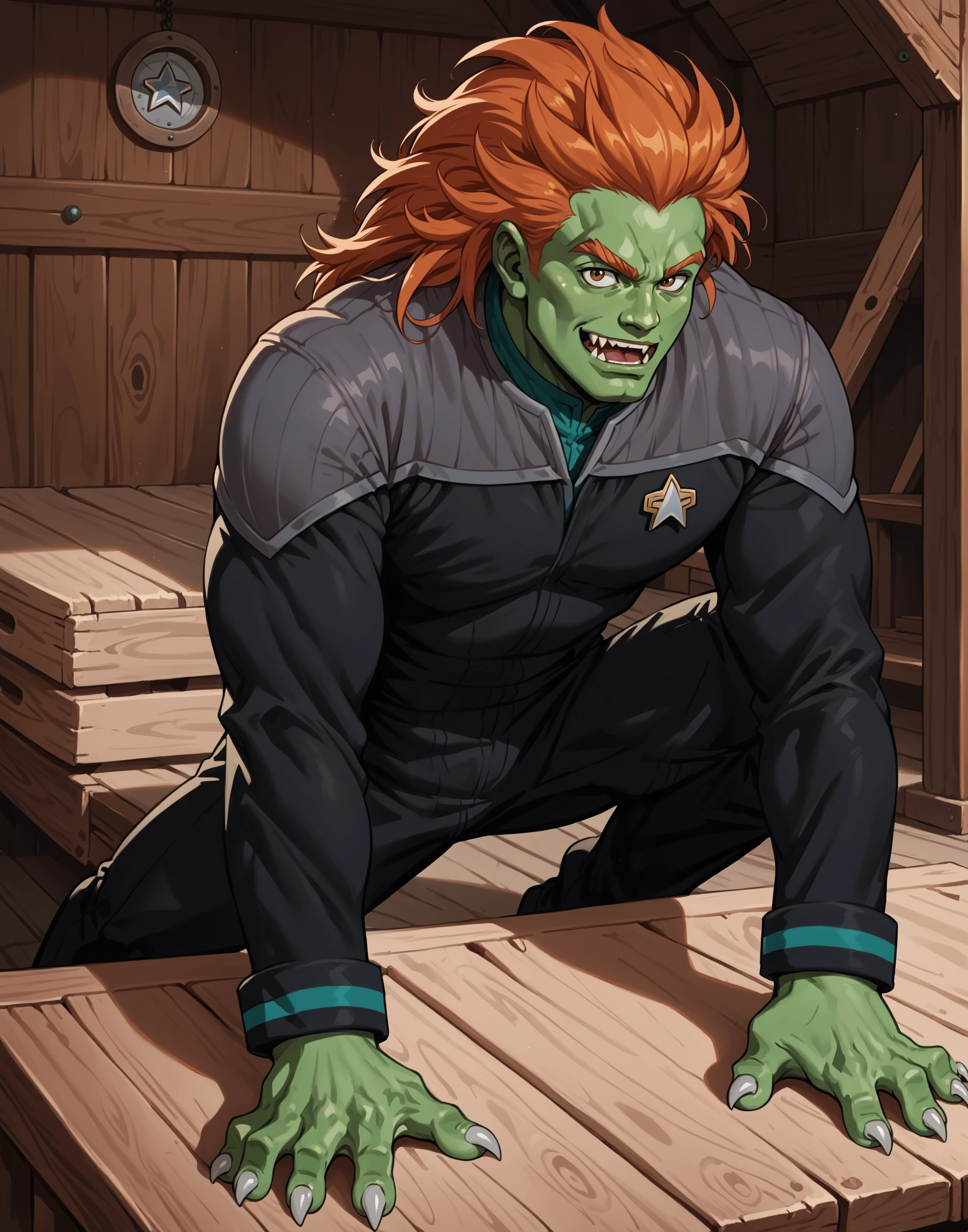 score_9, score_8_up, score_7_up, masterpiece, high quality, BREAK
<lora:Blanka SF2PonyLoRA:1>blnka, long hair,orange hair,spiky hair,messy hair,colored skin, green skin, monster boy, claws, fangs, black and grey star trek uniform,grey shoulders,teal neck,teal strip at wrist,black jumpsuit,long  black sleeves,black pants,near a wooden hut<lora:ponyDS9:0.8>