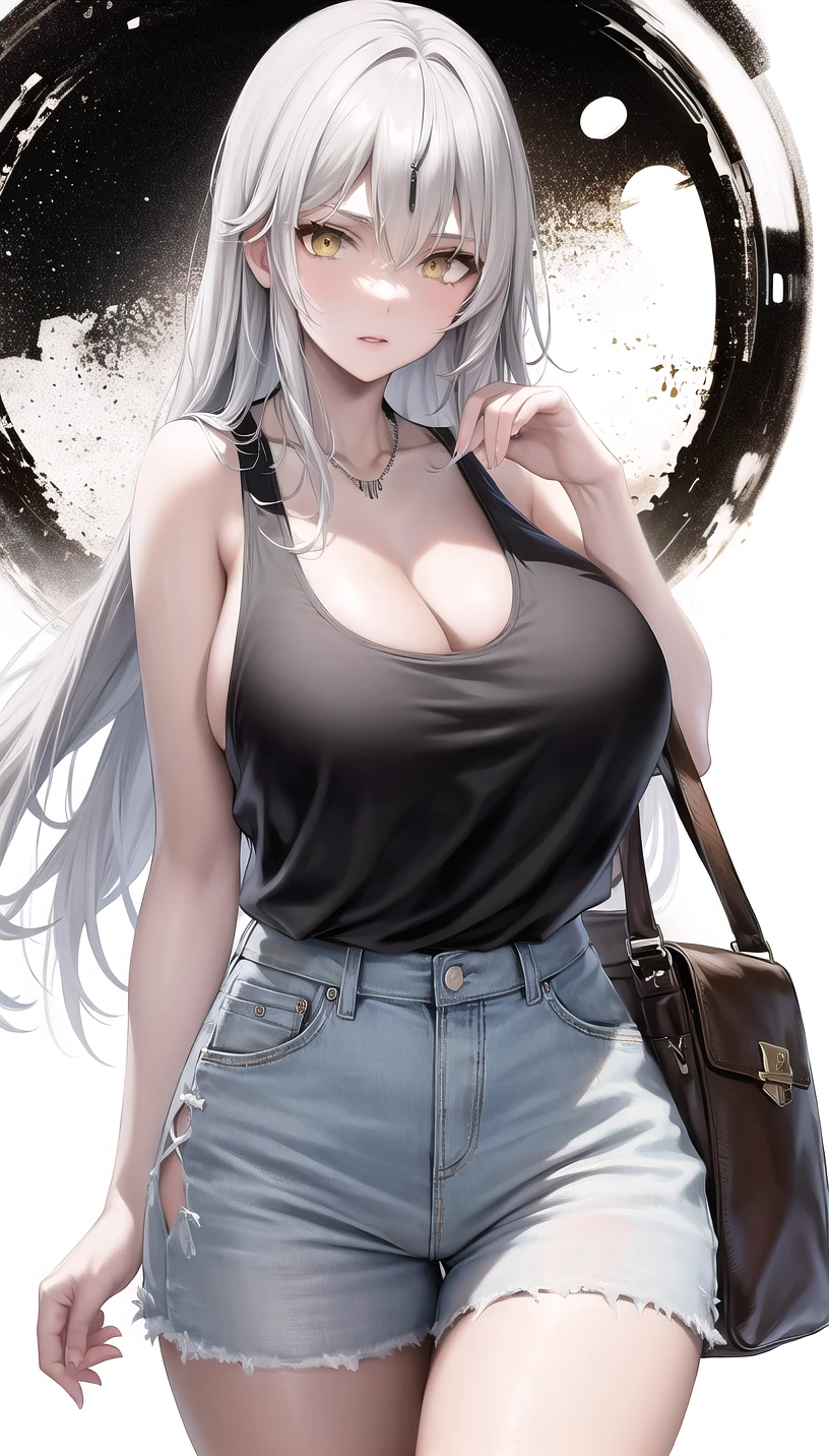 eyes visible through hair,white hair,
(tank top:1.28),
lady,mature female, cowboy shot,
(white background,simple background:1.18),
highres,official art,original,masterpiece,best quality,
(huge breasts),
<lora:lyfe2:0.8>