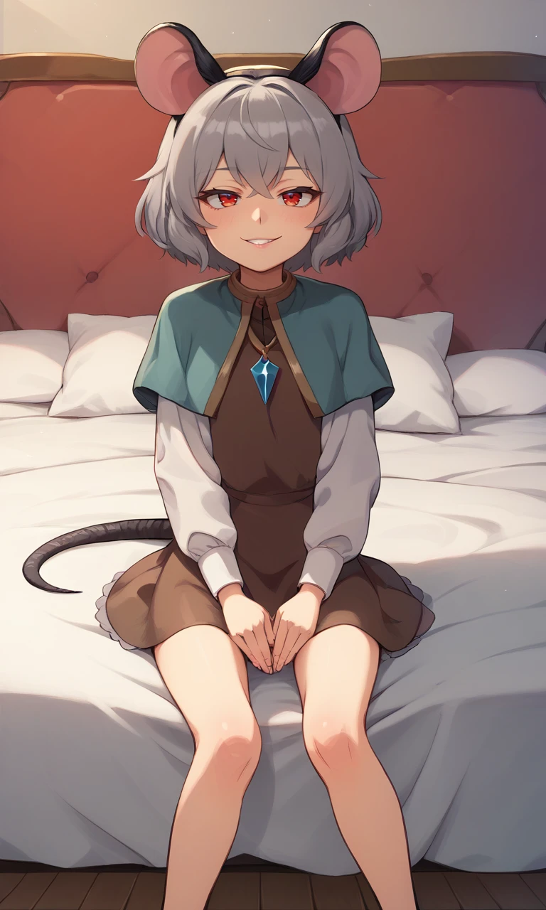 score_9, score_8_up, score_8, score_9, 1 girl,  source_anime, nazrin, mouse ears, mouse tail, grey hair, capelet, brown dress, white sleeves, red eyes, [pendant], <lora:nazrin_pony-10:1.0>, detailed background, bedroom, sitting on bed,  long sleeves, flat chest, naughty face,  <lora:Mangamaster_pony_v20:0.8> mangamaster