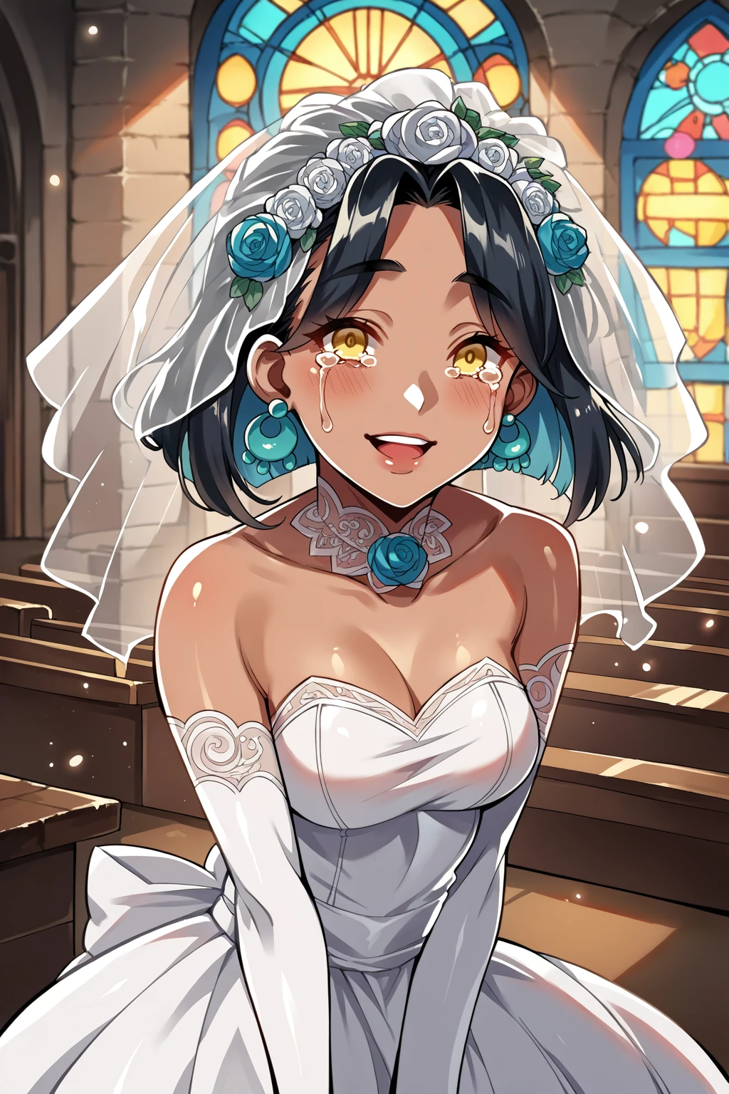 score_9, score_8_up, score_7_up, source_anime, 1girl, solo, <lora:NSSoniaPortia:0.9> NSSoniaPortia, dark-skinned female, black hair, medium hair, yellow eyes, teal dangle earrings, wedding dress, bridal gauntlets, white dress, looking at the viewer, tears of joy, indoors, church