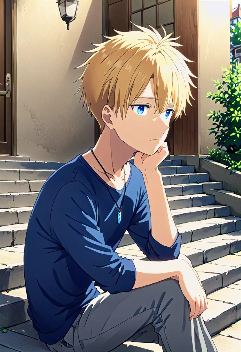 high resolution, solo, best quality, 1Boy, Yamato Ishida, Blonde Hair, Blue Eyes, Necklace, Sitting on steps, casual, relaxed, thoughtful,