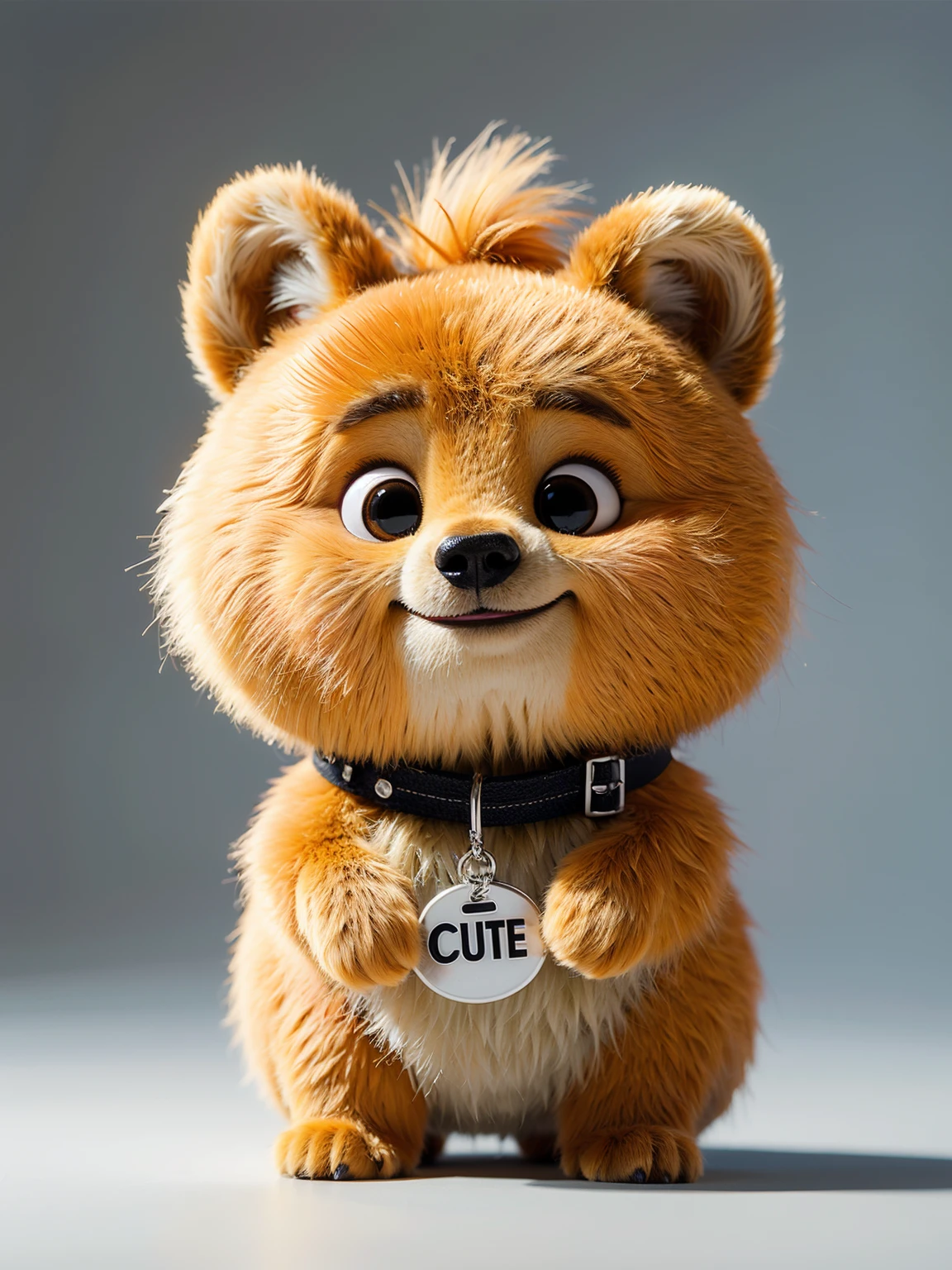 fluffy animal,no humans,wearing a dog tag that says "cute",looking at viewer,(standing:1.3),bear,grey background,<lora:DESAnimal:0.6>,