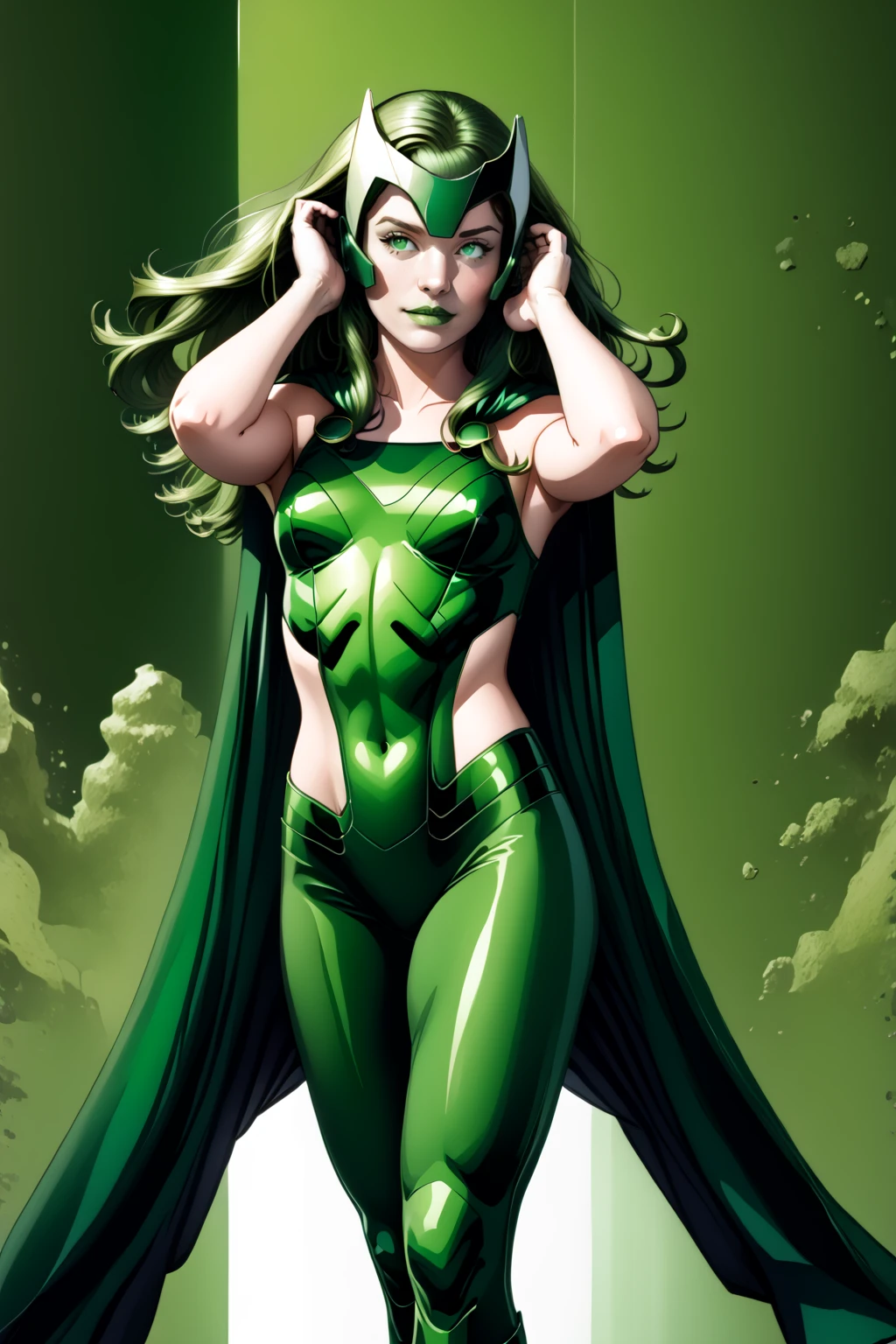 score_9,<lora:Polaris_PDXL_spamb0t:0.85>,Marvel_Polaris,long green hair, green makeup
BREAK [SEP] green sleeveless bodysuit,green mask, green cape, bare shoulders, navel
BREAK [SEP] cowgirl position, hands in hair, seen from behind
BREAK [SEP] high quality,film grain,abstract background
BREAK [SEP] (hyper detail,insanely detailed,best quality,masterpiece,photorealistic:1.4)